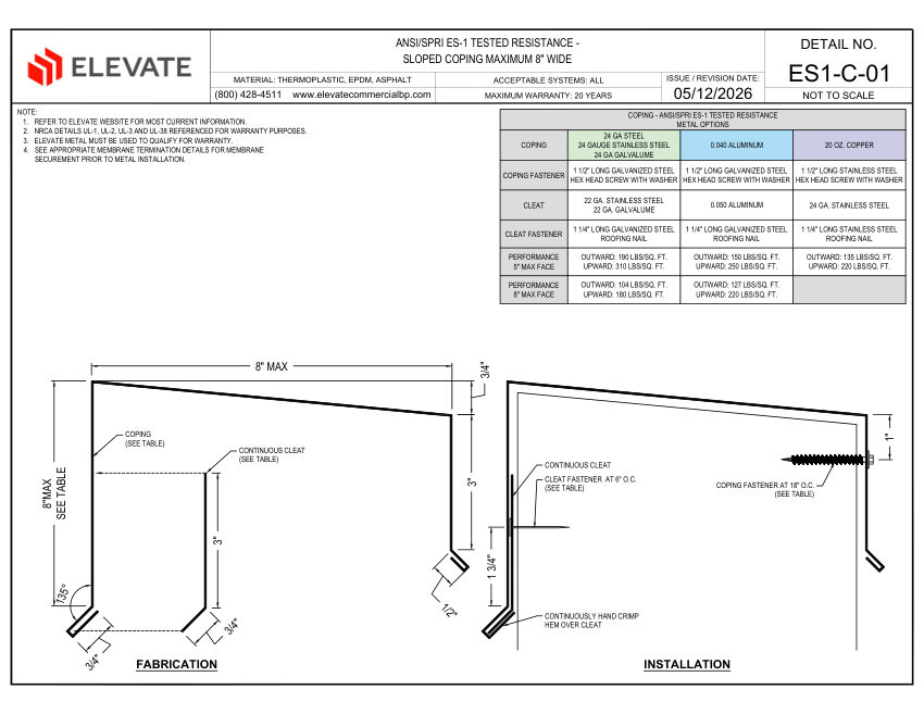 Elevate ES1-C-01 - SLOPED COPING MAXIMUM 8" WIDE cut sheet — first page