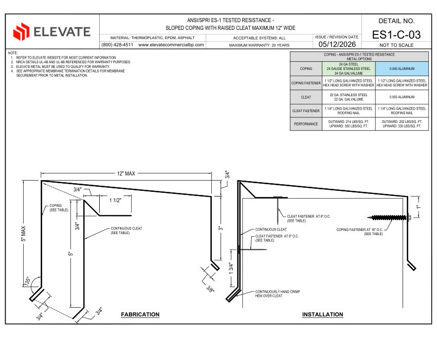 Elevate ES1-C-03 - SLOPED COPING WITH RAISED CLEAT MAXIMUM 12" WIDE cut sheet — first page