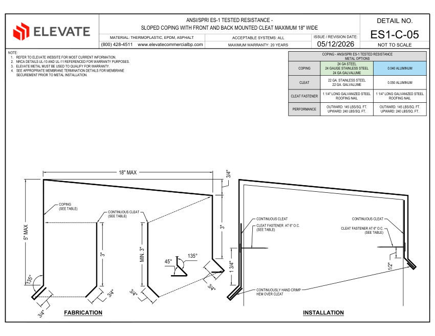 Elevate ES1-C-05 - SLOPED COPING FRONT AND BACK MOUNTED CLEAT MAXIMU cut sheet — first page