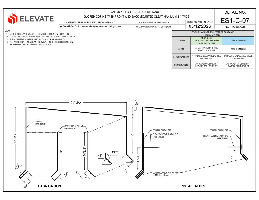 Elevate ES1-C-07 - SLOPED COPING FRONT AND BACK MOUNTED CLEAT MAXIMU cut sheet — first page