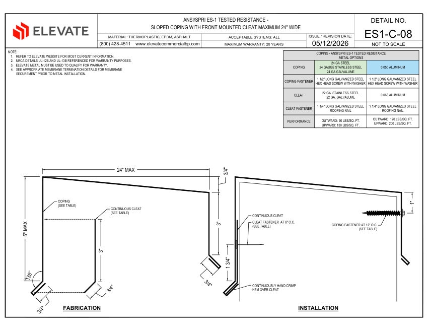 Elevate ES1-C-08 - SLOPED COPING FRONT MOUNTED CLEAT MAXIMUM 24" WID cut sheet — first page