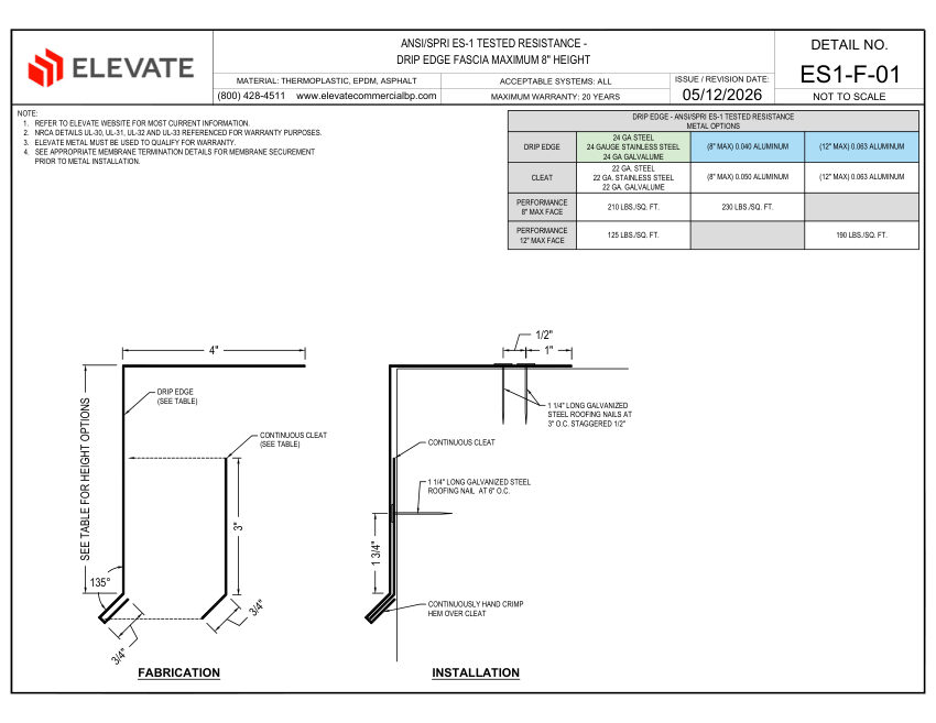 Elevate ES1-F-01 - DRIP EDGE FASCIA MAXIMUM 8" HEIGHT cut sheet — first page
