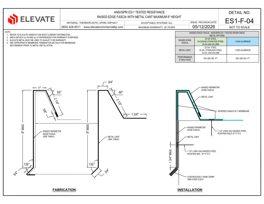 Elevate ES1-F-04 - RAISED EDGE FASCIA WITH METAL CANT MAXIMUM 8" HEI cut sheet — first page