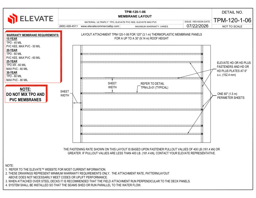 Elevate LAYOUT TPM-120-1-06 - THERMOPLASTIC MEMBRANE ATTACHMENT LAYO cut sheet — first page