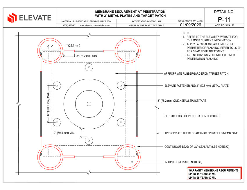 Elevate P-11 - MEMBRANE SECUREMENT AT PENETRATION WITH 2" METAL PLAT cut sheet — first page