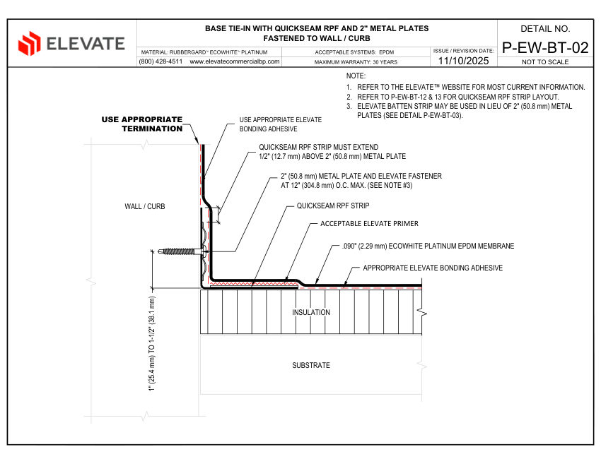 Elevate P-EW-BT-02 - BASE TIE-IN QUICKSEAM RPF & 2" METAL PLATES FAS cut sheet — first page