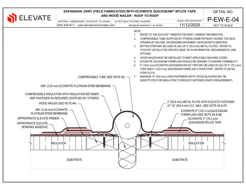 Elevate P-EW-E-04 EXPANSION JOINT FIELD FABRICATED QUICKSEAM SPLICE cut sheet — first page