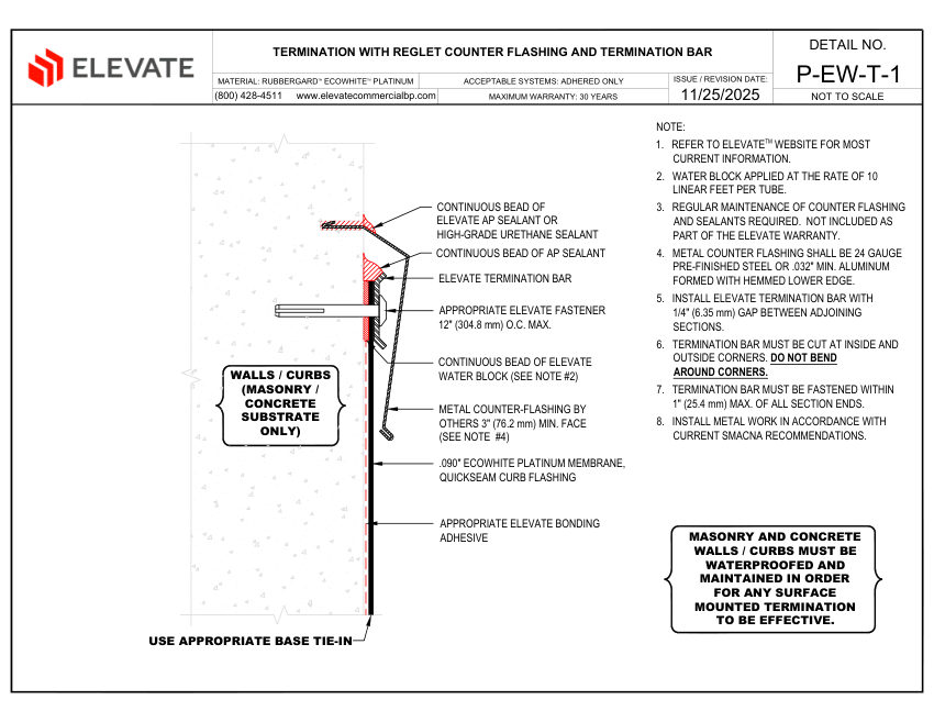 Elevate P-EW-T-01 - TERMINATION WITH REGLET COUNTER-FLASHING & TERM cut sheet — first page