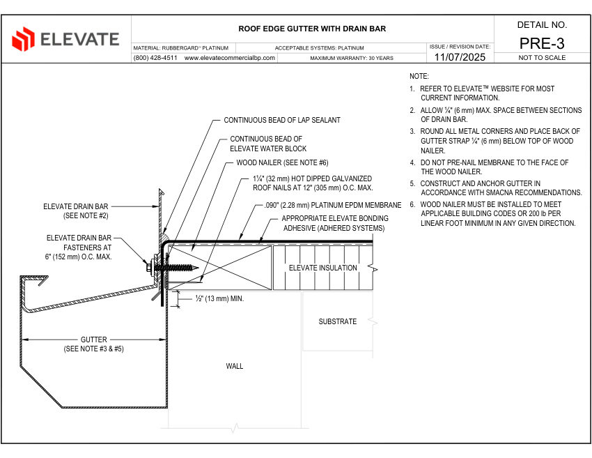 Elevate PRE-3 - ROOF EDGE GUTTER WITH DRAIN BAR cut sheet — first page
