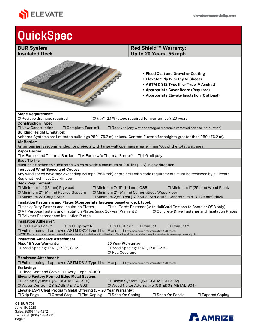 Elevate QS-BUR-706 - BUILT-UP ROOF INSULATED DECK 5-20 YEARS cut sheet — first page