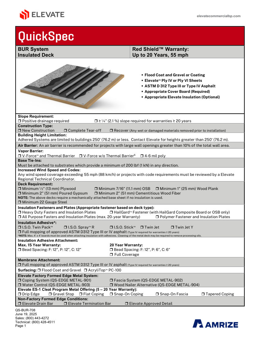 Elevate QS-BUR-708 - BUILT-UP ROOF NAILABLE DECK 5-20 YEARS cut sheet — first page