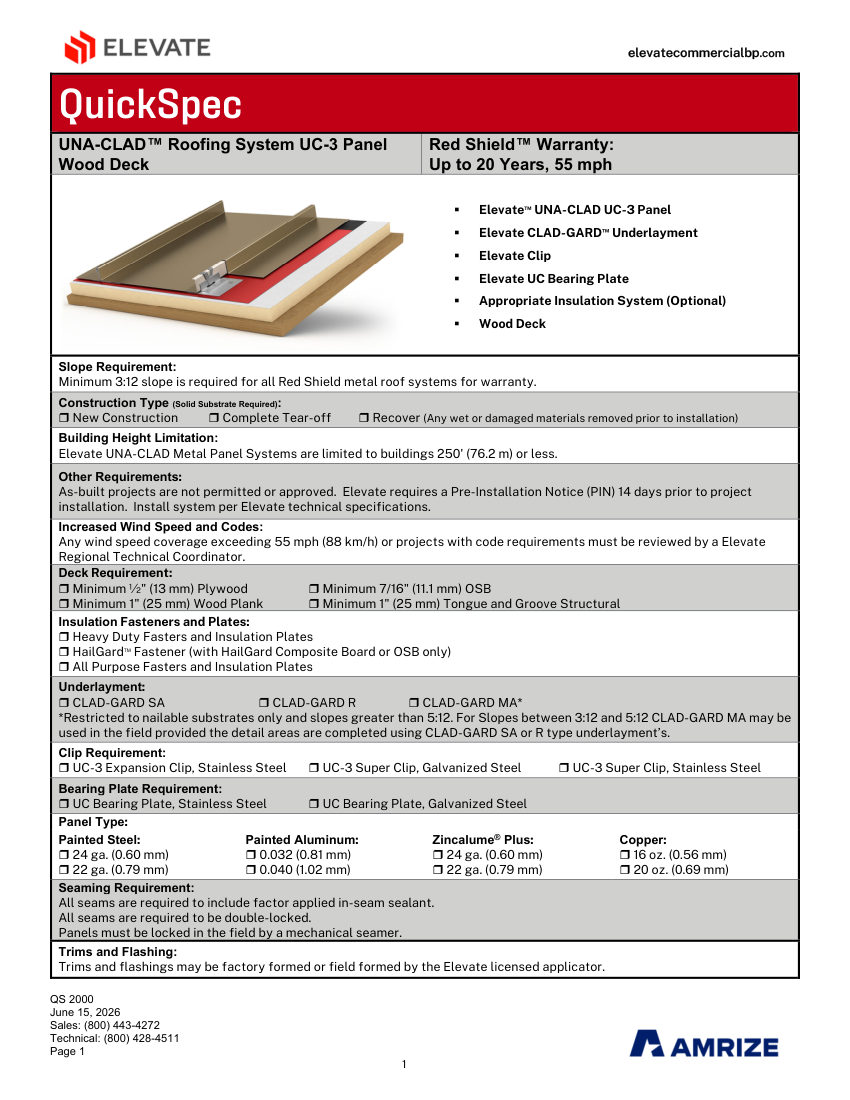 Elevate QS-METAL-2000 - UNACLAD UC-3 PANEL - WOOD DECK - 5-20 YEARS cut sheet — first page