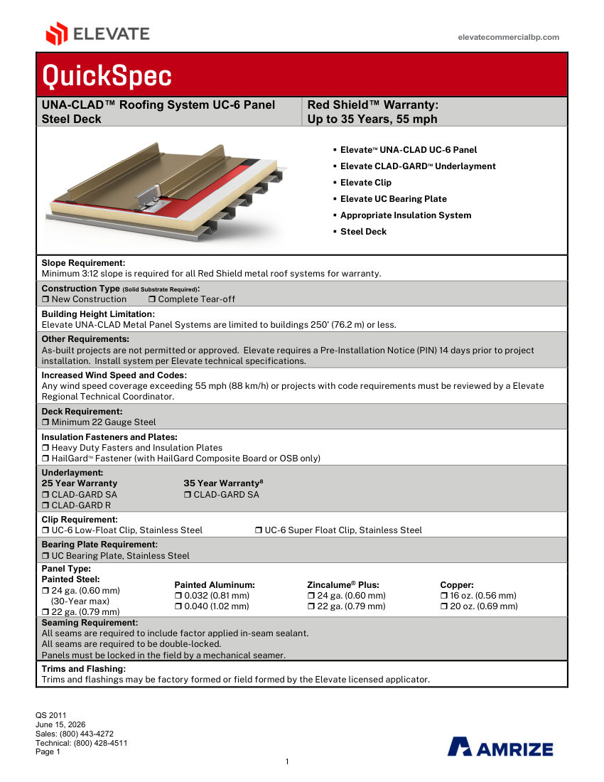 Elevate QS-METAL-2011 - UNACLAD UC-6 PANEL - STEEL DECK - 25-30 YEAR cut sheet — first page