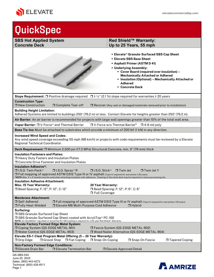 Elevate QS-SBS-544 - SBS HOT CONCRETE DECK 5-25 YEARS cut sheet — first page