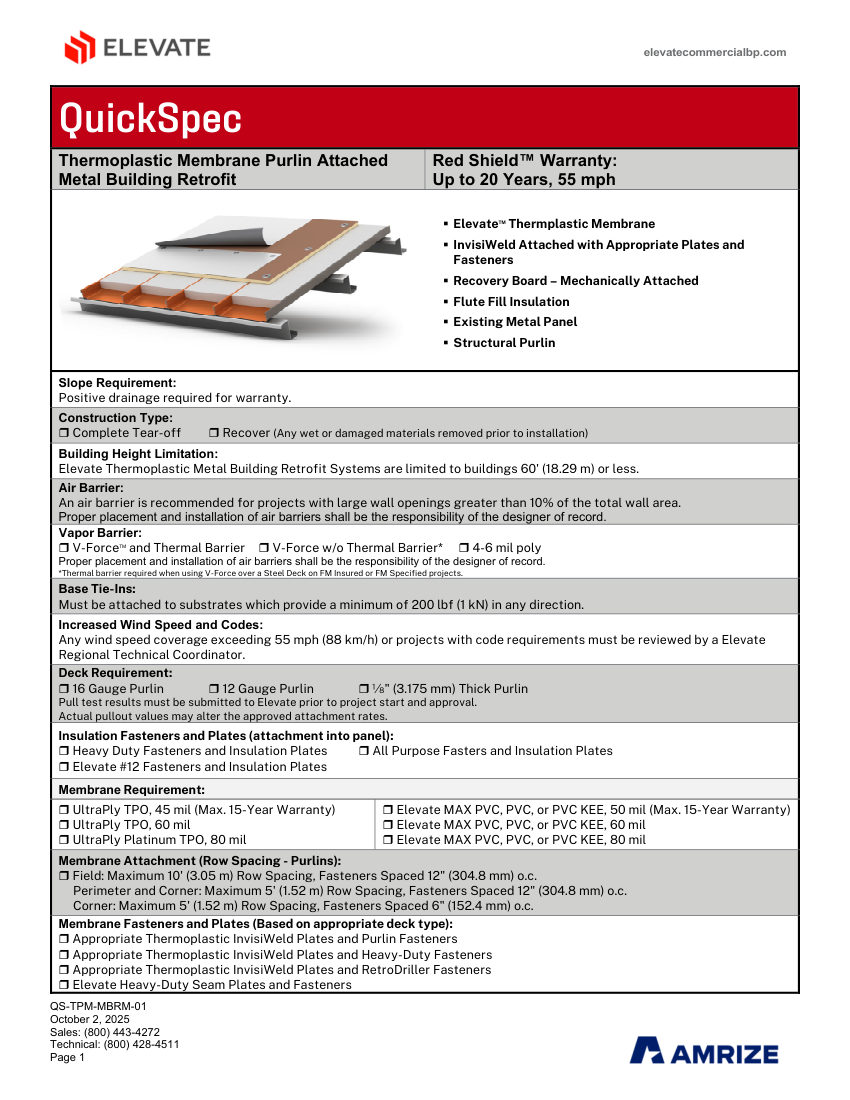 Elevate QS-TPM-MBRM-01 - THERMOPLASTIC MEMBRANE PURLIN ATTACHED - ME cut sheet — first page