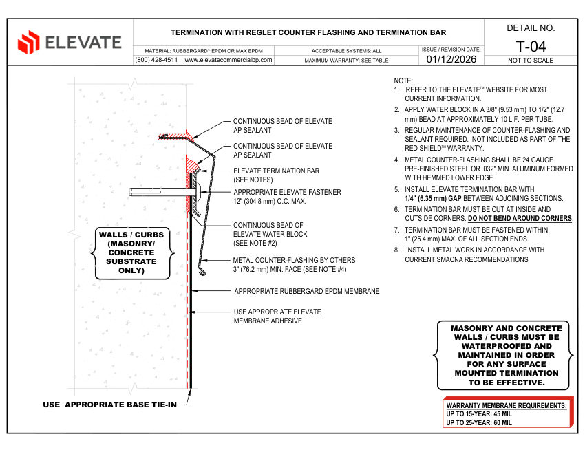 Elevate T-04 - TERMINATION WITH REGLET COUNTER-FLASHING AND TERMINAT cut sheet — first page