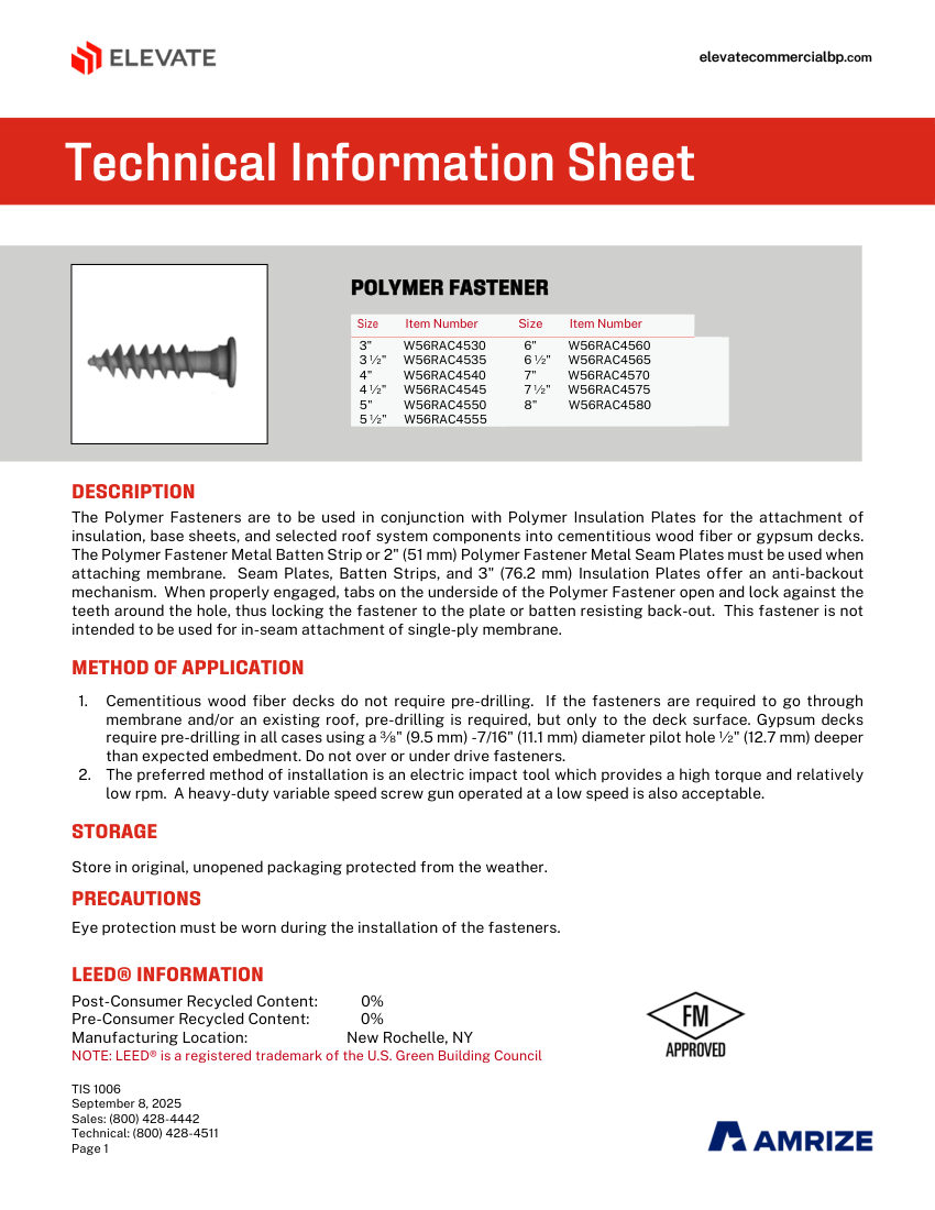 Elevate TIS 1006 - POLYMER FASTENERS cut sheet — first page