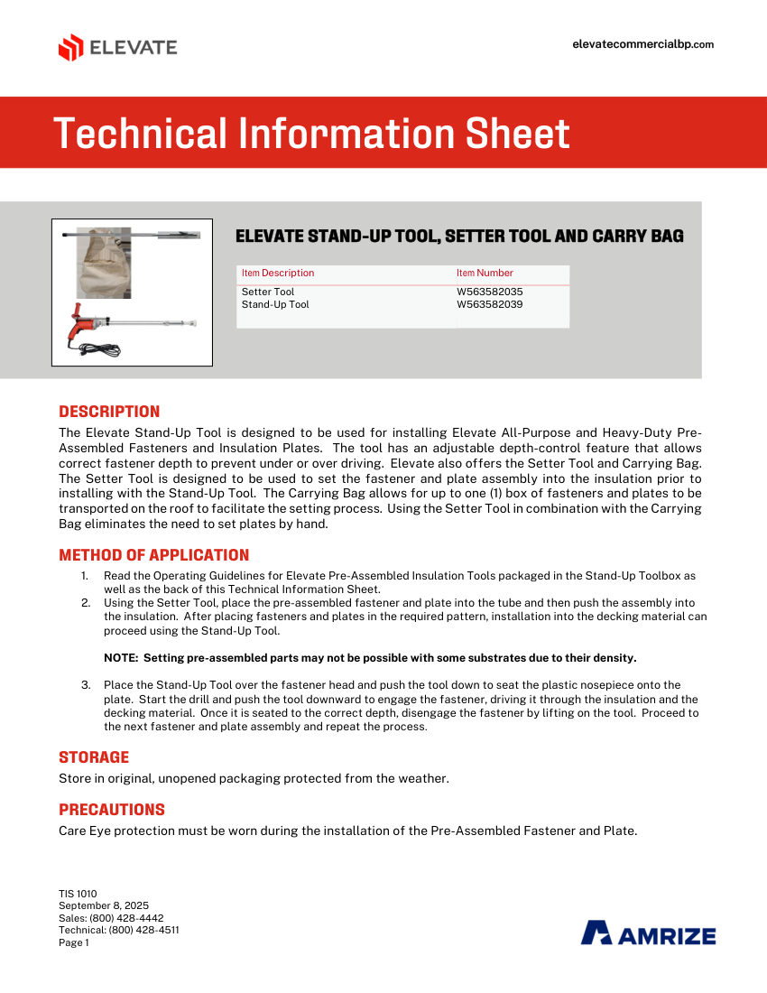 Elevate TIS 1010 - STAND UP TOOL AND CARRY BAG cut sheet — first page