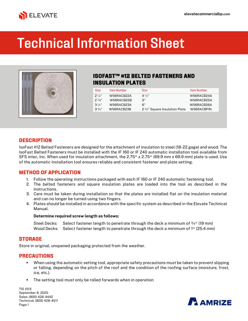 Elevate TIS 1013 - ISOFAST #12 BELTED FASTENERS & INSULATION PLATES cut sheet — first page