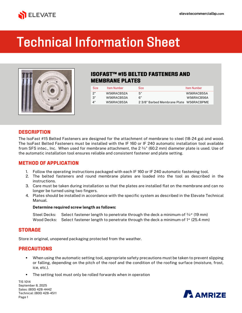 Elevate TIS 1014 - ISOFAST #15 BELTED FASTENER cut sheet — first page