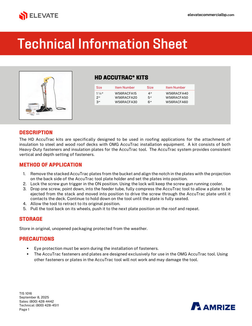 Elevate TIS 1016 - HD ACCUTRAC KIT cut sheet — first page
