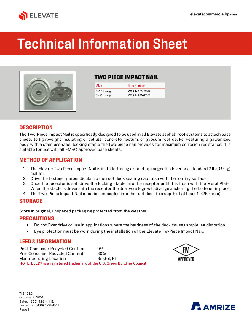 Elevate TIS 1020 - TWO PIECE IMPACT NAIL cut sheet — first page