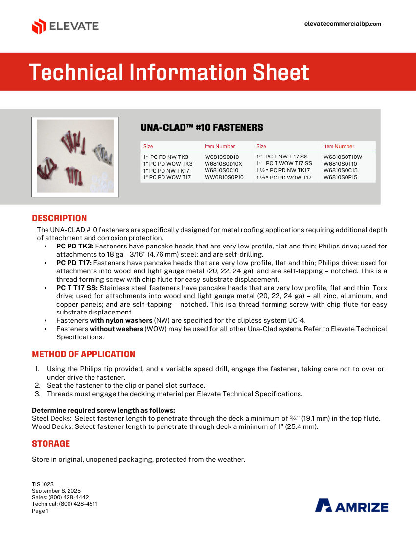 Elevate TIS 1023 - UNA CLAD #10 FASTENER cut sheet — first page