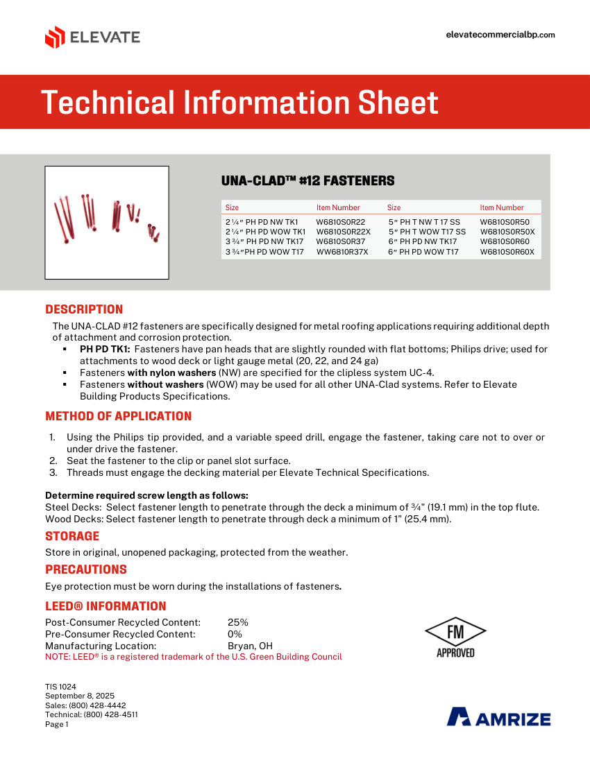 Elevate TIS 1024 - UNA CLAD #12 FASTENERS cut sheet — first page