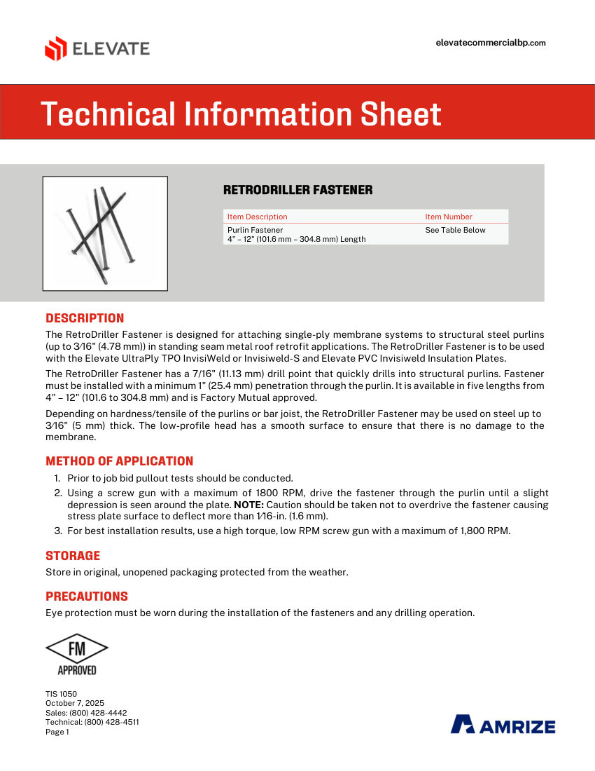 Elevate TIS 1050 - RETRODRILLER FASTENER cut sheet — first page