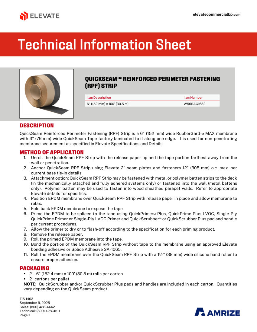 Elevate TIS 1403 - QUICKSEAM REINFORCED PERIMETER FASTENING (RPF) ST cut sheet — first page