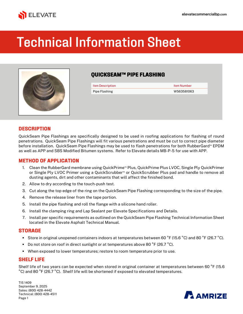 Elevate TIS 1409 - QUICKSEAM PIPE FLASHING cut sheet — first page