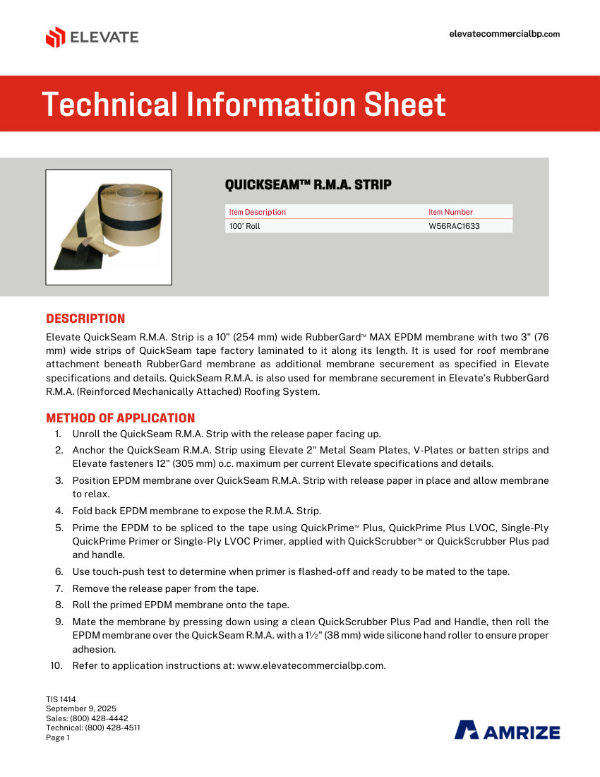 Elevate TIS 1414 - QUICKSEAM RMA STRIP cut sheet — first page