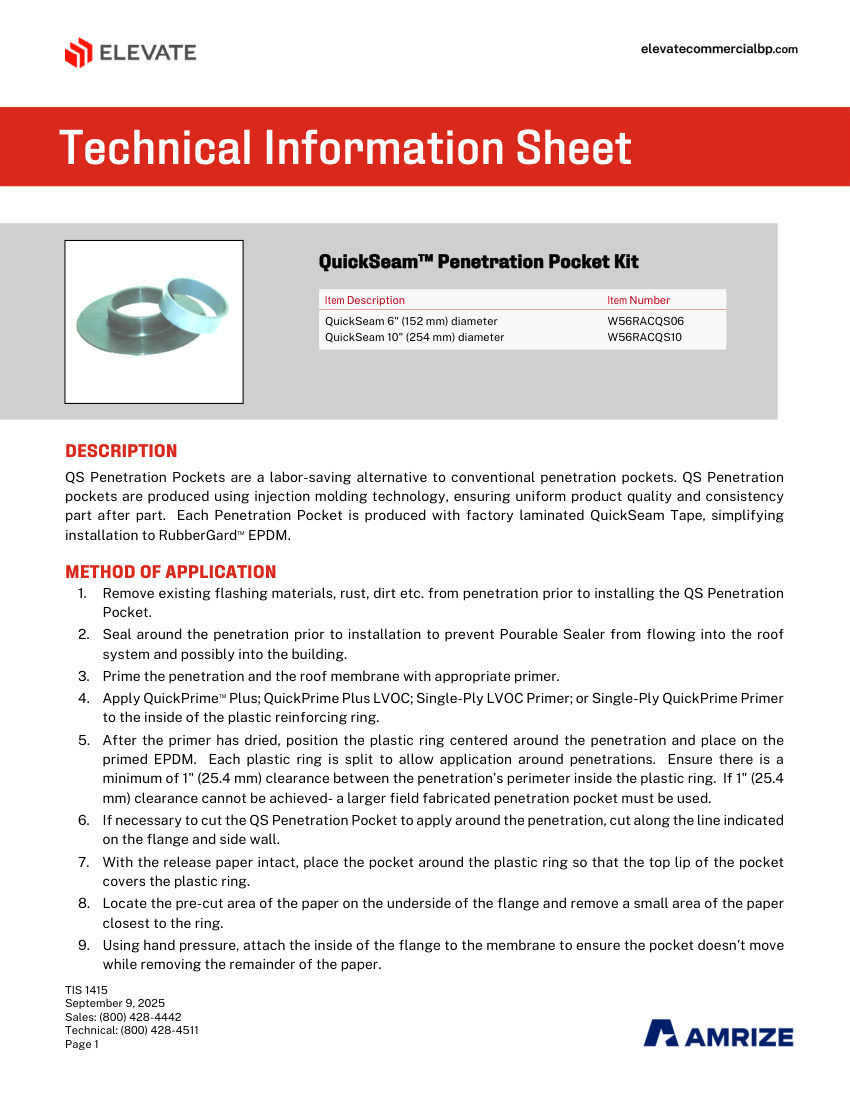 Elevate TIS 1415 - QUICKSEAM PENETRATION POCKET KIT cut sheet — first page