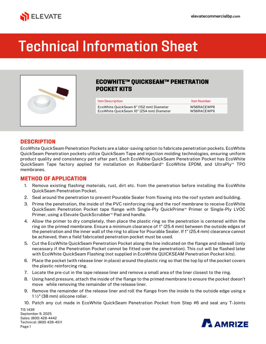 Elevate TIS 1439 - ECOWHITE QUICKSEAM PENETRATION POCKET KITS cut sheet — first page