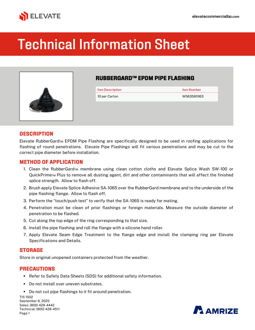 Elevate TIS 1502 - RUBBERGARD EPDM PIPE FLASHING cut sheet — first page