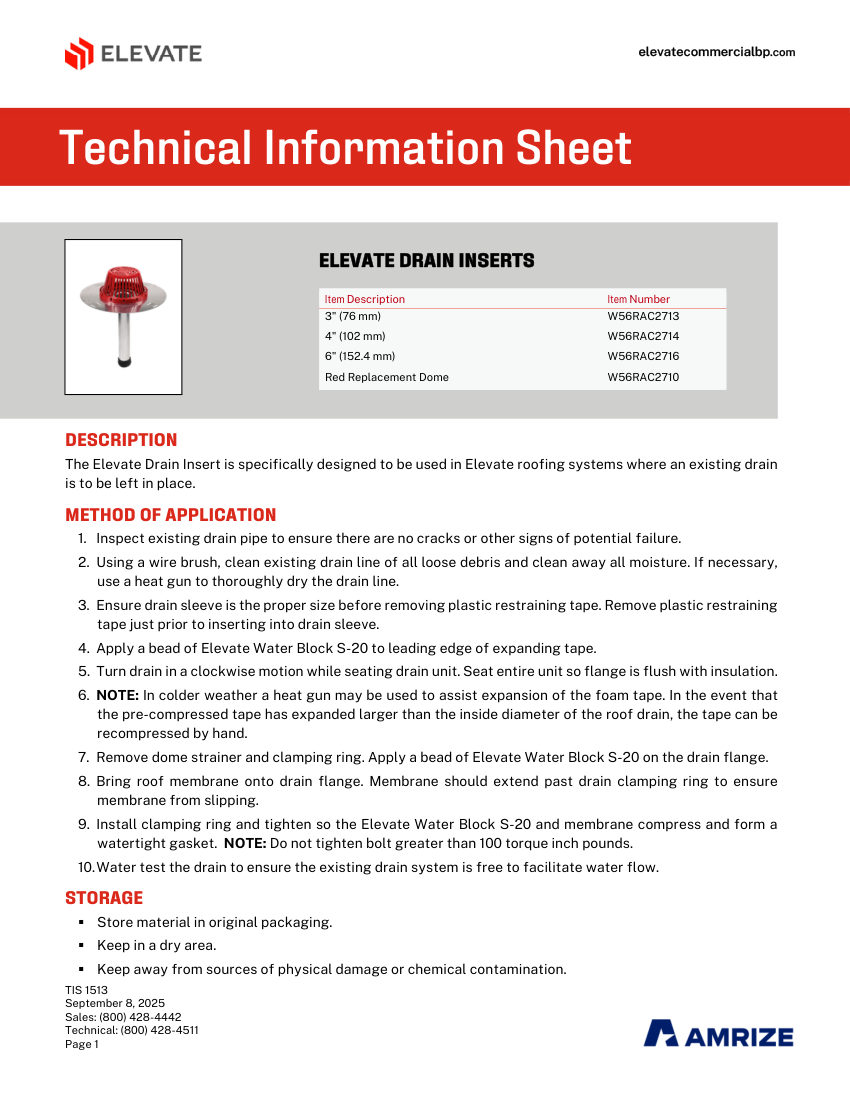Elevate TIS 1513 - ELEVATE DRAIN INSERT cut sheet — first page