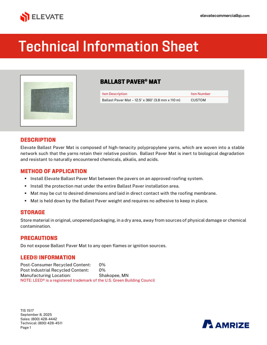 Elevate TIS 1517 - BALLAST PAVER MAT cut sheet — first page