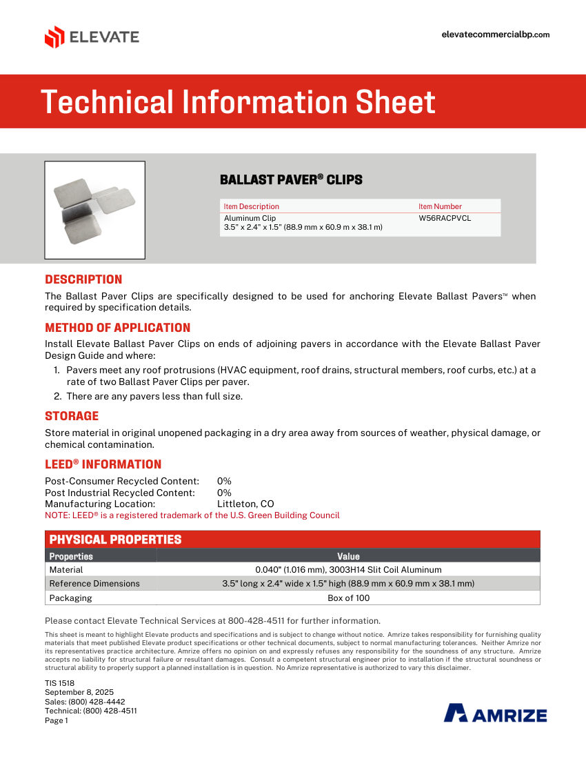 Elevate TIS 1518 - BALLAST PAVER CLIP cut sheet — first page