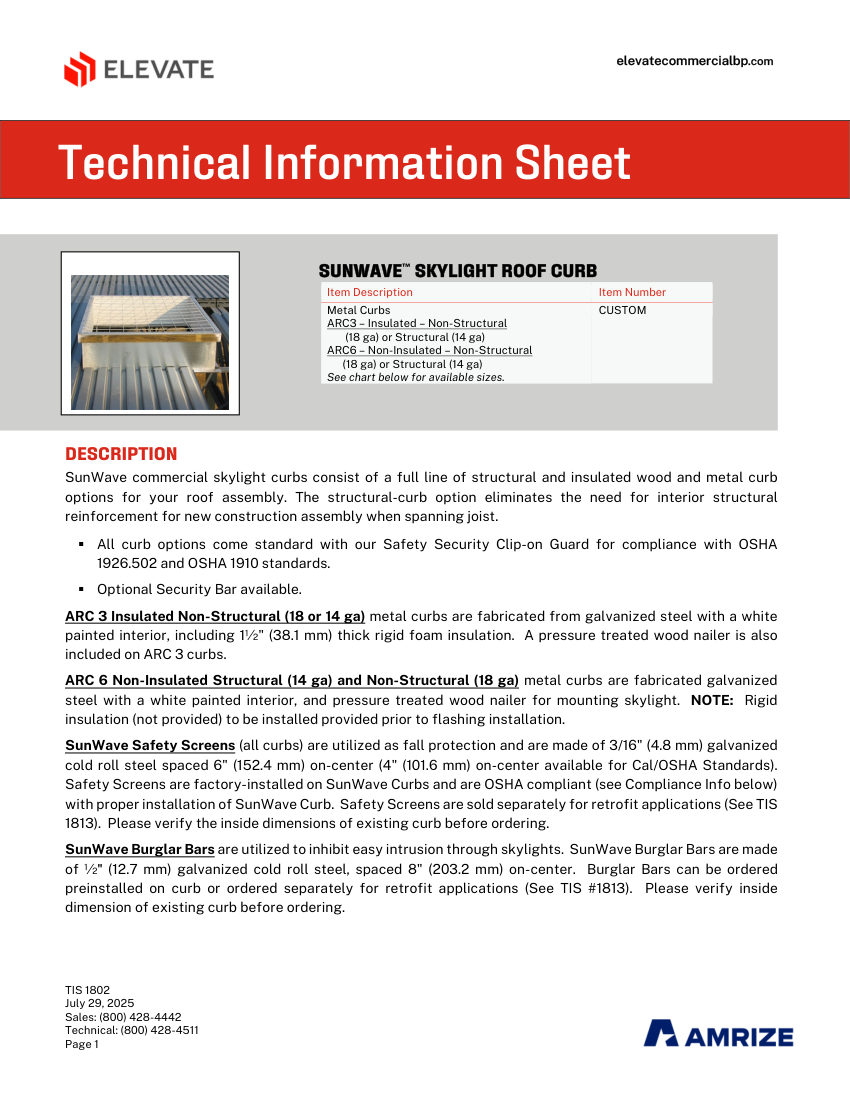 Elevate TIS 1802 - SUNWAVE ROOF CURB cut sheet — first page