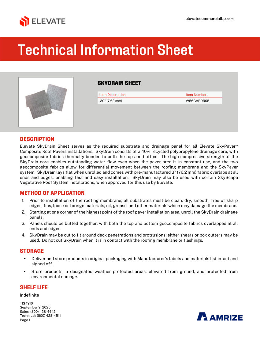 Elevate TIS 1910 - SKYDRAIN SHEET cut sheet — first page