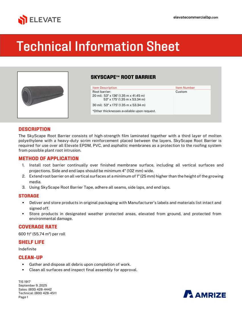 Elevate TIS 1917 - SKYSCAPE ROOT BARRIER cut sheet — first page