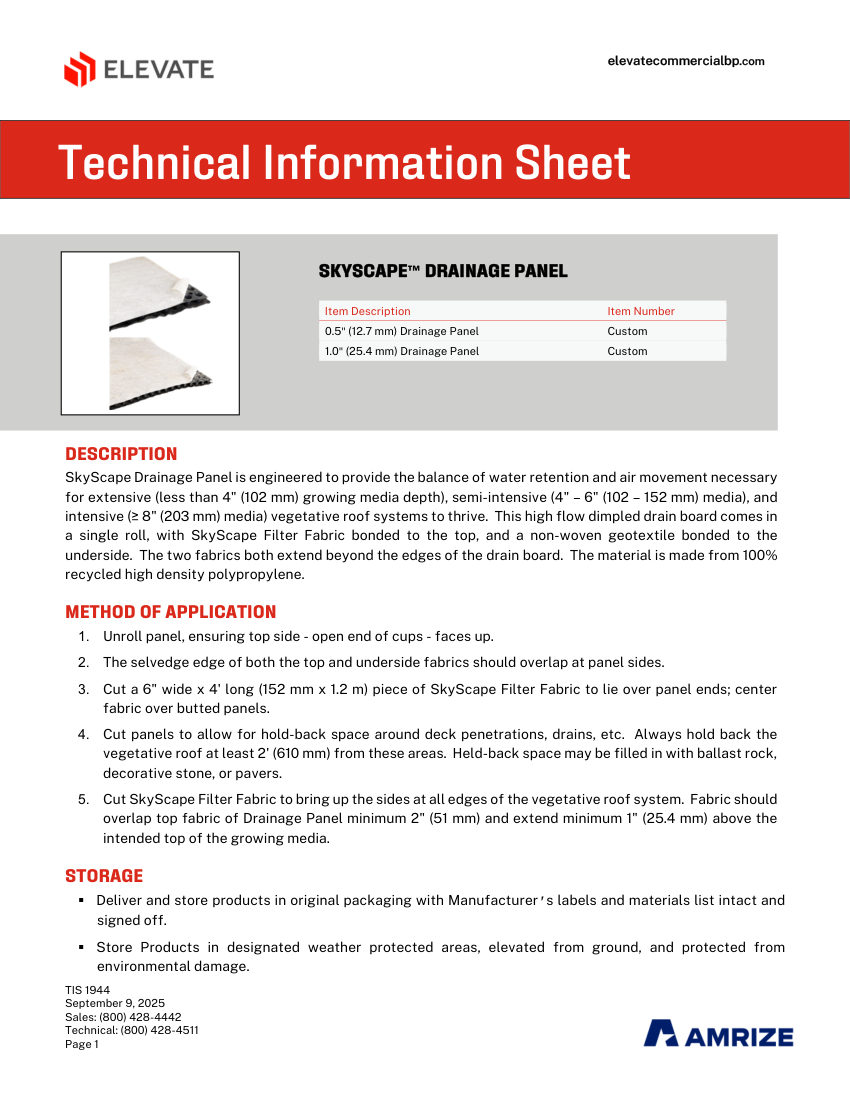 Elevate TIS 1944 - SKYSCAPE DRAINAGE PANEL HALF INCH AND 1 INCH cut sheet — first page