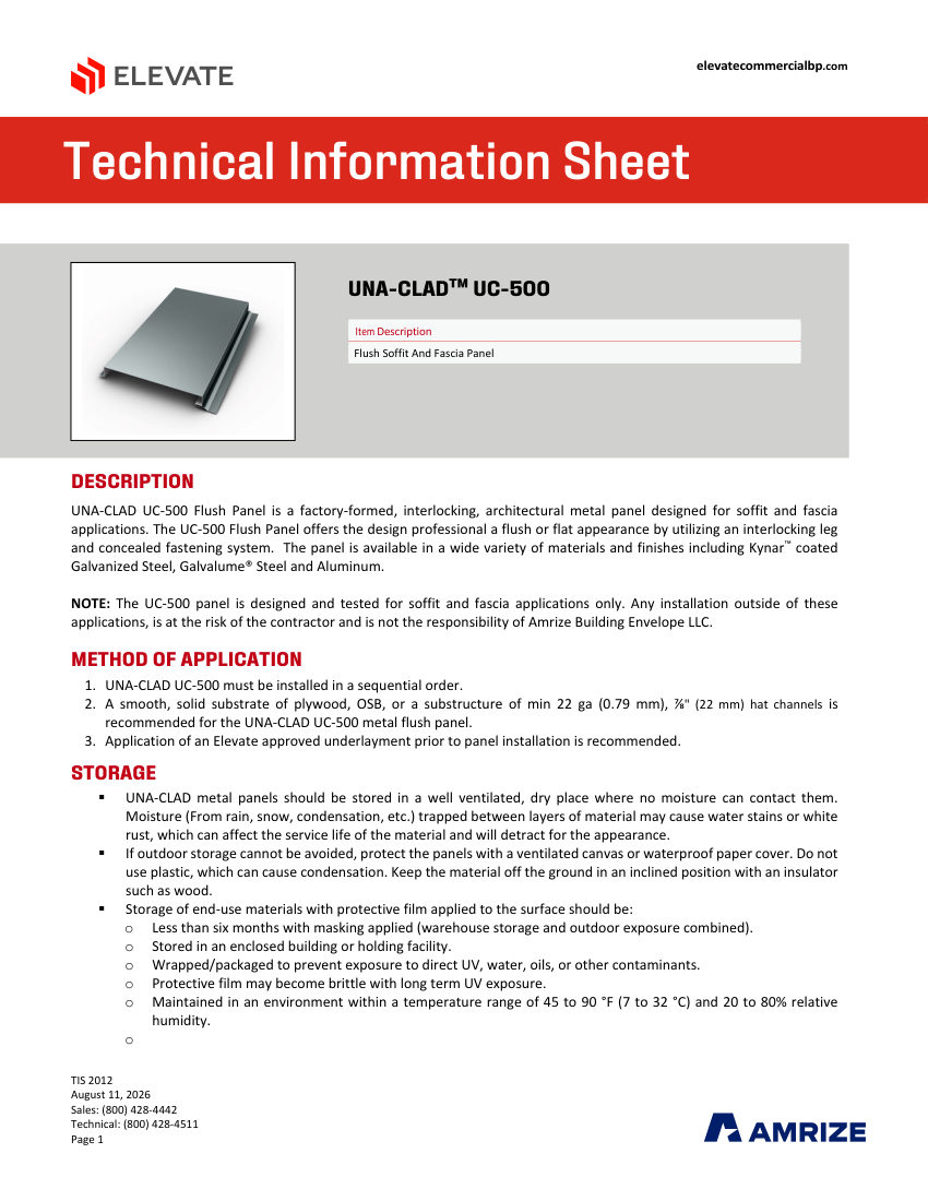 Elevate TIS 2012 - UC-500 FLUSH PANEL FOR ARCHITECTURAL SOFFIT & FAS cut sheet — first page