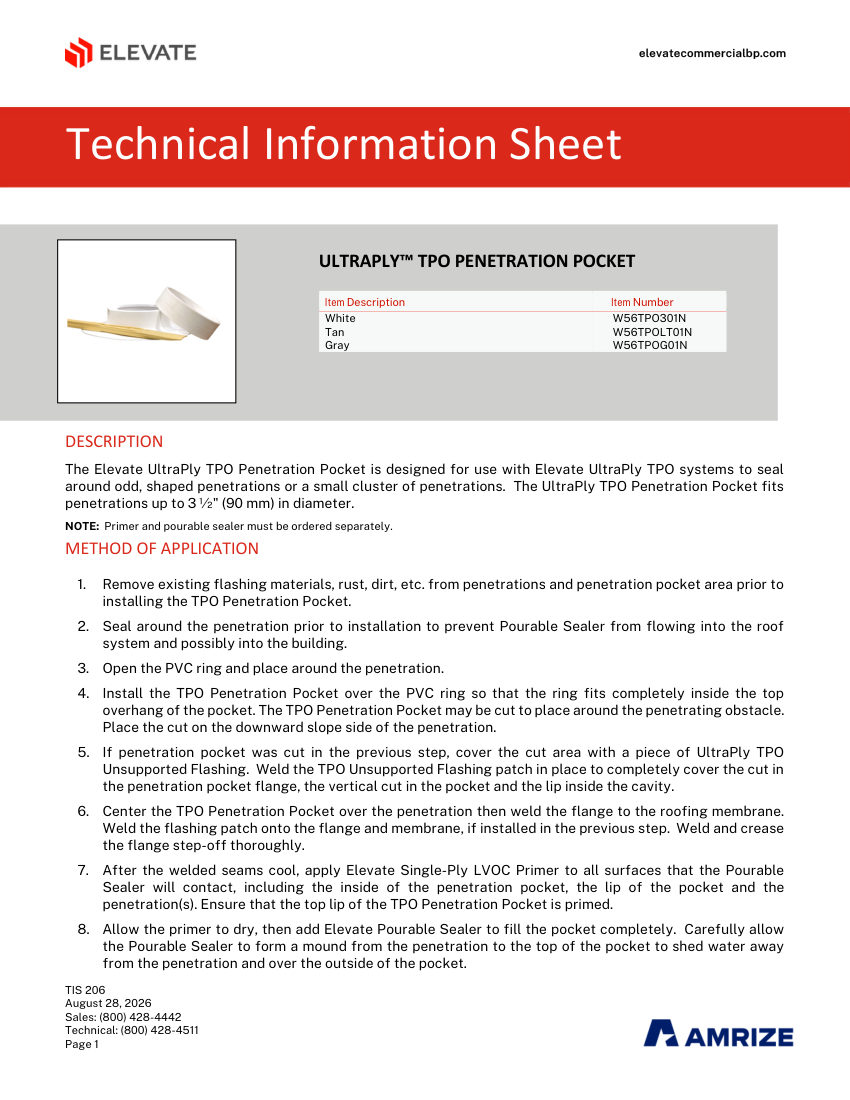 Elevate TIS 206 - ULTRAPLY TPO PENETRATION POCKET cut sheet — first page