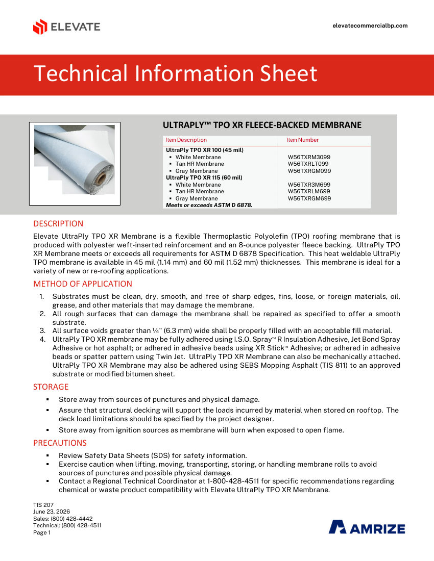 Elevate TIS 207 - ULTRAPLY TPO XR FLEECE-BACKED MEMBRANE cut sheet — first page