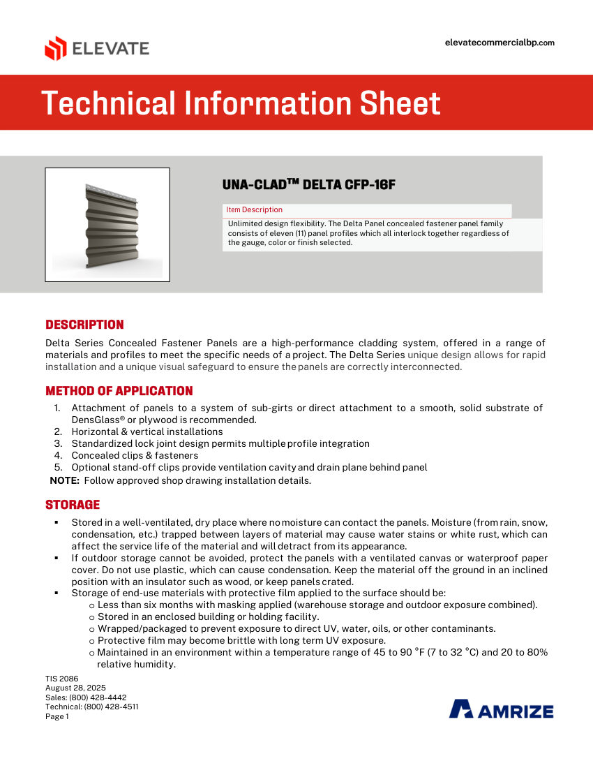 Elevate TIS 2086 - UNA-CLAD DELTA CFP-16F cut sheet — first page