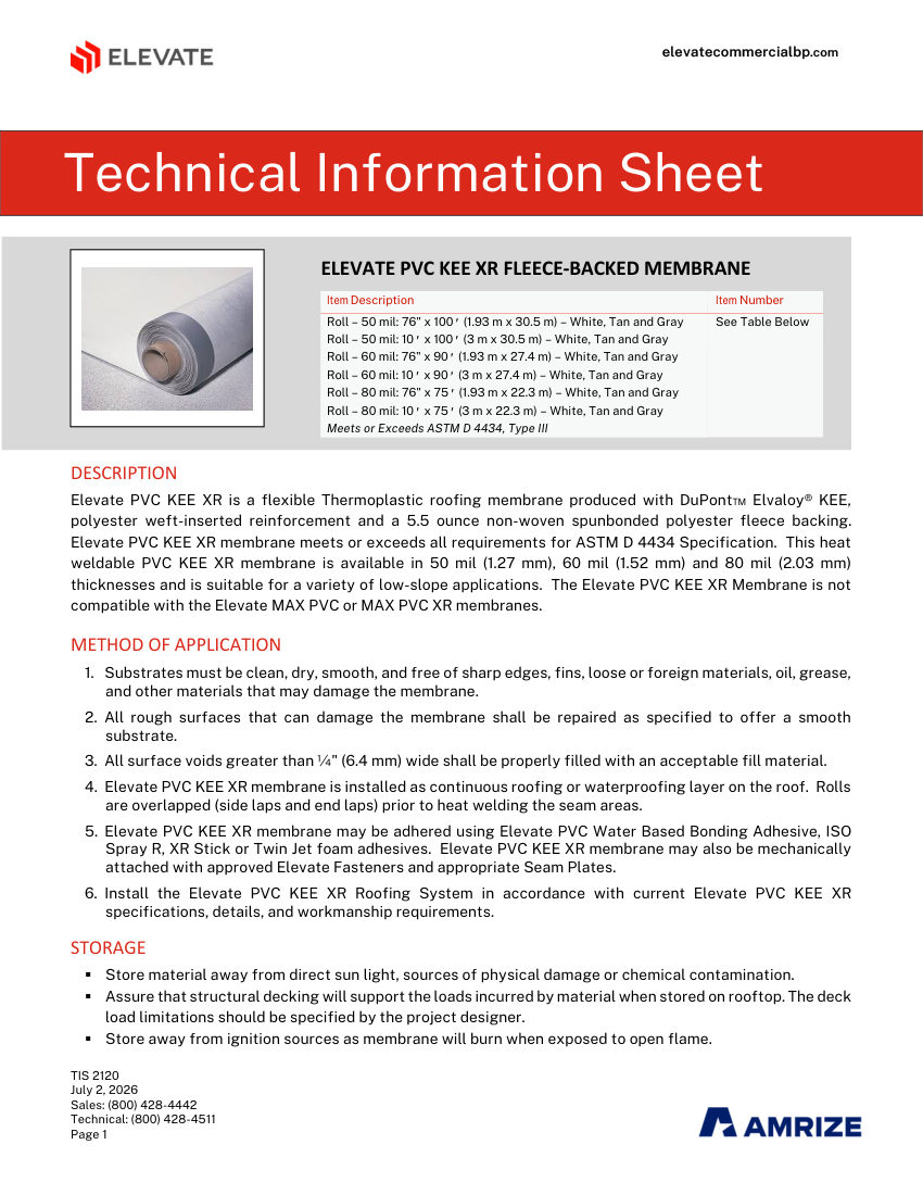 Elevate TIS 2120 - ELEVATE PVC KEE XR FLEECE-BACKED MEMBRANE cut sheet — first page