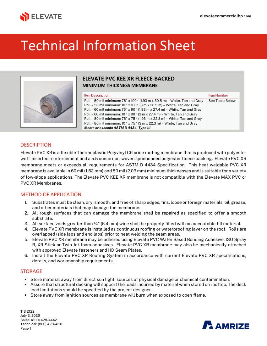 Elevate TIS 2122 - ELEVATE PVC KEE XR FLEECE-BACKED MINIMUM THICKNES cut sheet — first page