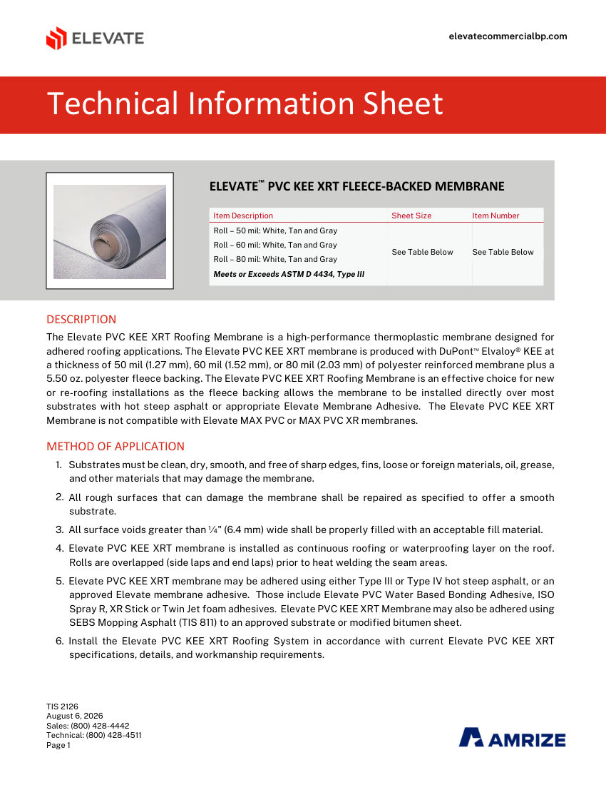 Elevate TIS 2126 - ELEVATE PVC KEE XRT FLEECE-BACKED MEMBRANE cut sheet — first page