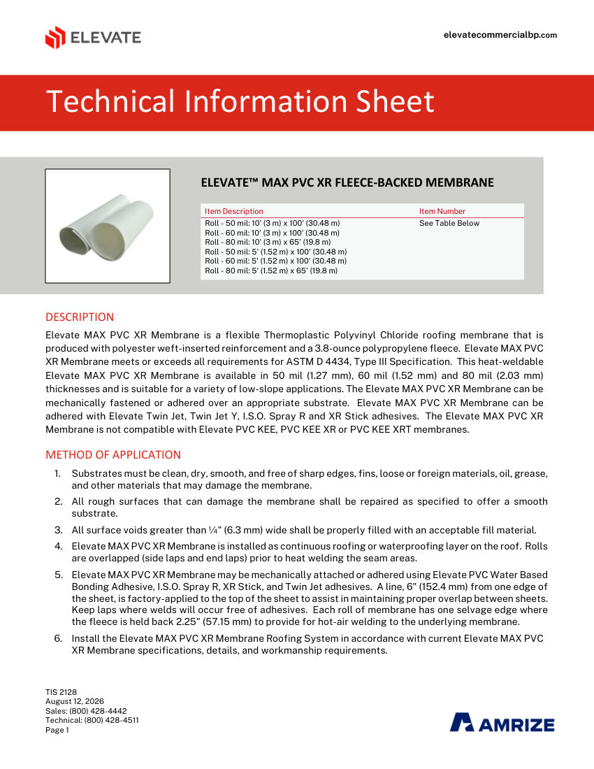 Elevate TIS 2128 - ELEVATE MAX PVC XR FLEECE-BACKED MEMBRANE cut sheet — first page